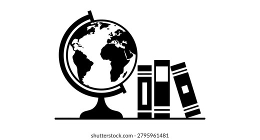 Black silhouette of a globe on a stand next to three books on a white background 