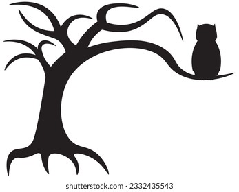 Black silhouette of a gnarled dry bare tree and owl on a white background. Halloween scary spooky dead tree