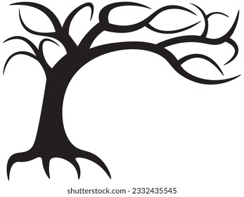 Black silhouette of a gnarled dry bare tree on a white background. Halloween scary spooky dead tree