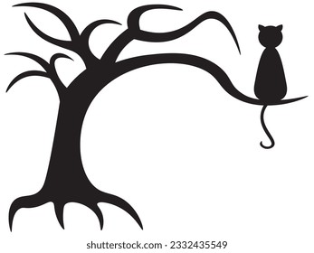 Black silhouette of a gnarled dry bare tree and cat on a white background. Halloween scary spooky dead tree