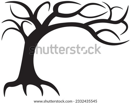 Black silhouette of a gnarled dry bare tree on a white background. Halloween scary spooky dead tree
