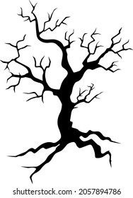 Black silhouette of a gnarled dry tree on a white background. A tree without leaves. Lifeless witchcraft gloomy tree. Halloween graveyard driftwood. Druids, goblin and witches. Vector illustration.