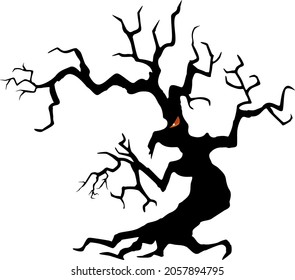 Black silhouette of a gnarled dry tree on a white background. A tree without leaves. Lifeless witchcraft gloomy tree. Halloween graveyard driftwood. Druids, goblin and witches. Vector illustration.