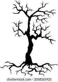 Black silhouette gnarled dry tree white background  A tree without leaves  Lifeless witchcraft gloomy tree  Halloween graveyard driftwood  Druids  goblin   witches  Vector illustration 