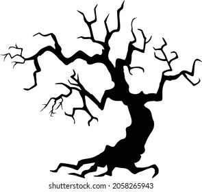 Black silhouette of a gnarled dry tree on a white background. A tree without leaves. Lifeless witchcraft gloomy tree. Halloween graveyard driftwood. Druids, goblin and witches. Vector illustration.