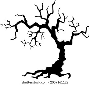 Black silhouette of a gnarled dry tree on a white background. A tree without leaves. Lifeless witchcraft gloomy tree. Halloween graveyard driftwood. Druids, goblin and witches. Vector illustration.