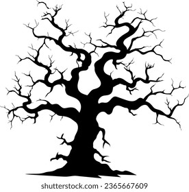 Black silhouette of a gnarled dry tree on a white background. A tree without leaves. Lifeless witchcraft gloomy tree. Halloween graveyard driftwood. Druids, goblin and witches. Vector illustration