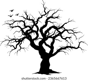 Black silhouette of a gnarled dry tree on a white background. A tree without leaves. Lifeless witchcraft gloomy tree. Halloween graveyard driftwood. Druids, goblin and witches. Vector illustration