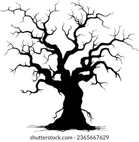 Black silhouette of a gnarled dry tree on a white background. A tree without leaves. Lifeless witchcraft gloomy tree. Halloween graveyard driftwood. Druids, goblin and witches. Vector illustration