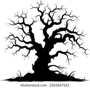 Black silhouette of a gnarled dry tree on a white background. A tree without leaves. Lifeless witchcraft gloomy tree. Halloween graveyard driftwood. Druids, goblin and witches. Vector illustration