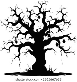 Black silhouette of a gnarled dry tree on a white background. A tree without leaves. Lifeless witchcraft gloomy tree. Halloween graveyard driftwood. Druids, goblin and witches. Vector illustration