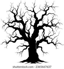 Black silhouette of a gnarled dry tree on a white background. A tree without leaves. Lifeless witchcraft gloomy tree. Halloween graveyard driftwood. Druids, goblin and witches. Vector illustration