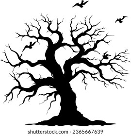 Black silhouette of a gnarled dry tree on a white background. A tree without leaves. Lifeless witchcraft gloomy tree. Halloween graveyard driftwood. Druids, goblin and witches. Vector illustration