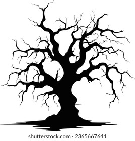 Black silhouette of a gnarled dry tree on a white background. A tree without leaves. Lifeless witchcraft gloomy tree. Halloween graveyard driftwood. Druids, goblin and witches. Vector illustration