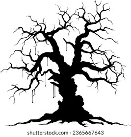 Black silhouette of a gnarled dry tree on a white background. A tree without leaves. Lifeless witchcraft gloomy tree. Halloween graveyard driftwood. Druids, goblin and witches. Vector illustration