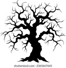 Black silhouette of a gnarled dry tree on a white background. A tree without leaves. Lifeless witchcraft gloomy tree. Halloween graveyard driftwood. Druids, goblin and witches. Vector illustration