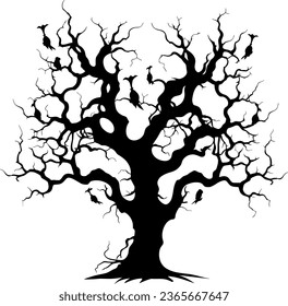 Black silhouette of a gnarled dry tree on a white background. A tree without leaves. Lifeless witchcraft gloomy tree. Halloween graveyard driftwood. Druids, goblin and witches. Vector illustration