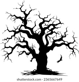 Black silhouette of a gnarled dry tree on a white background. A tree without leaves. Lifeless witchcraft gloomy tree. Halloween graveyard driftwood. Druids, goblin and witches. Vector illustration