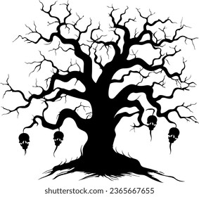 Black silhouette of a gnarled dry tree on a white background. A tree without leaves. Lifeless witchcraft gloomy tree. Halloween graveyard driftwood. Druids, goblin and witches. Vector illustration