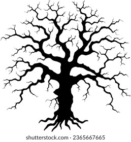 Black silhouette of a gnarled dry tree on a white background. A tree without leaves. Lifeless witchcraft gloomy tree. Halloween graveyard driftwood. Druids, goblin and witches. Vector illustration