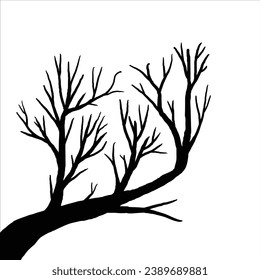 Black silhouette of a gnarled dry tree on a white background. A tree without leaves. Lifeless witchcraft gloomy tree. Halloween graveyard driftwood. Druids, goblin and witches. Vector illustration