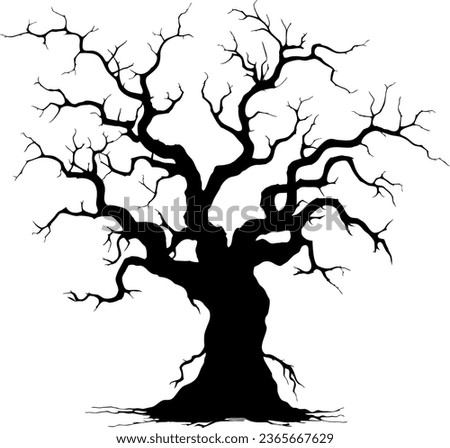 Black silhouette of a gnarled dry tree on a white background. A tree without leaves. Lifeless witchcraft gloomy tree. Halloween graveyard driftwood. Druids, goblin and witches. Vector illustration