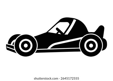 Black silhouette of a go kart on white background. The illustration is simple and features large wheels. The style is bold and graphic.