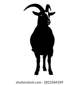 A black silhouette of a goat facing forward, isolated on a white background, highlighting its horns and beard in a simple, minimalistic style.