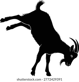 A black silhouette of a goat falling backwards with its legs in the air, against a plain white background.