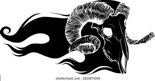 black silhouette goat skull. Hand drawn. Vector.