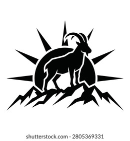 Black silhouette goat standing on mountain peak with sun behind mountain goat icon