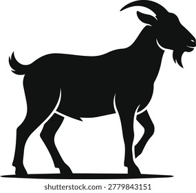 A black silhouette of a goat walking to the right, featuring prominent horns and a beard.