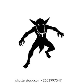 Black silhouette of a goblin wearing a bone necklace against a white background The goblin is depicted in a crouched position with sharp claws. The style is simple and graphic.