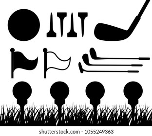 Black silhouette of golf balls on tee. Various golf clubs, grass, golf course. Vector illustration isolated on white background. Web site page and mobile app design.