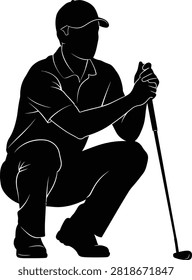 Black silhouette of a golfer crouching to analyze the putting green before taking a shot.