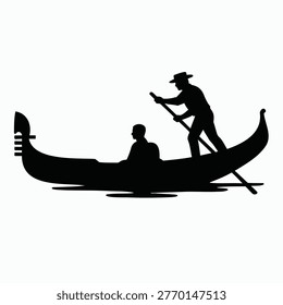 A black silhouette of a gondolier standing and rowing a gondola with a passenger sitting in the boat on calm water, against a pure white background