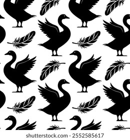 Schwarze Silhouette Gans und Vogelfeder nahtloses Vektormuster auf weißem Hintergrund. Eleganter Schwan, Gans oder Ente mit ausgebreiteten Flügeln. Einfaches Design für Tapeten, Stoffe und andere.