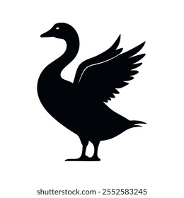 Schwarze Silhouette Gans, Vektorgrafik einzeln auf Weiß. Eleganter Schwan, Gans oder Ente mit ausgebreiteten Flügeln. Einfaches Design für Bildschirmhintergrund, Symbol oder Hintergrund, Bearbeitbar und skalierbar.