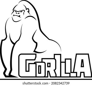 Black silhouette of a gorilla with the inscription gorilla. Logo of a gorilla, monkey, chimpanzee. Stock vector graphics