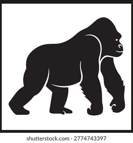 Black silhouette of gorilla walking forward with muscular body and distinct contours symbolizing strength power and bold wildlife presence in minimalist style