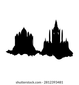 Black silhouette of a Gothic castle and cathedral with spires and towers, emphasizing historic and architectural grandeur.
