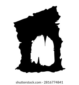 Black silhouette of a gothic castle featuring a prominent tower and arched entrance, set against a plain white background.