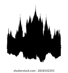 Black silhouette of a Gothic castle featuring multiple spires and towers against a white background, emphasizing architectural details and grandeur.