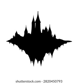 Black silhouette of a Gothic castle featuring tall spires, towers, and intricate architectural details against a white background.