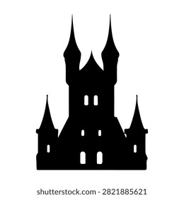 A black silhouette of a Gothic castle featuring tall spires, arched windows, and intricate architectural details, set against a white background.