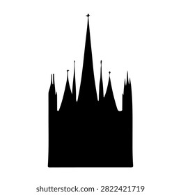 Black silhouette of a Gothic castle featuring multiple spires and a prominent central tower against a white background.