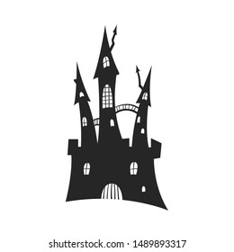 Black silhouette of gothic castle. Halloween party. Isolated image of fantasy tower. Spooky house. Design element on white background. Vector illustration