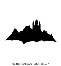 Black silhouette of a gothic castle perched on a mountain peak with dramatic spires and turrets, set against a plain white background.