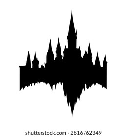 Black silhouette of a Gothic castle with tall spires and turrets against a white background, emphasizing architectural details and medieval design.