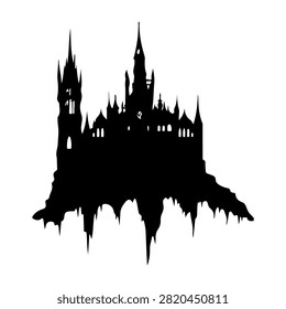 Black silhouette of a gothic castle with tall spires and intricate architecture perched on a rocky cliff, set against a plain white background.